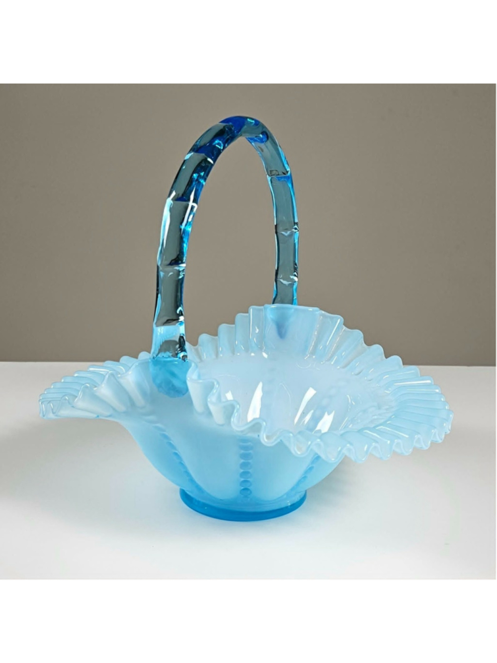 Vintage Fenton Blue Overlay Beaded Melon 9" Basket Art Glass Cased Ruffled #711